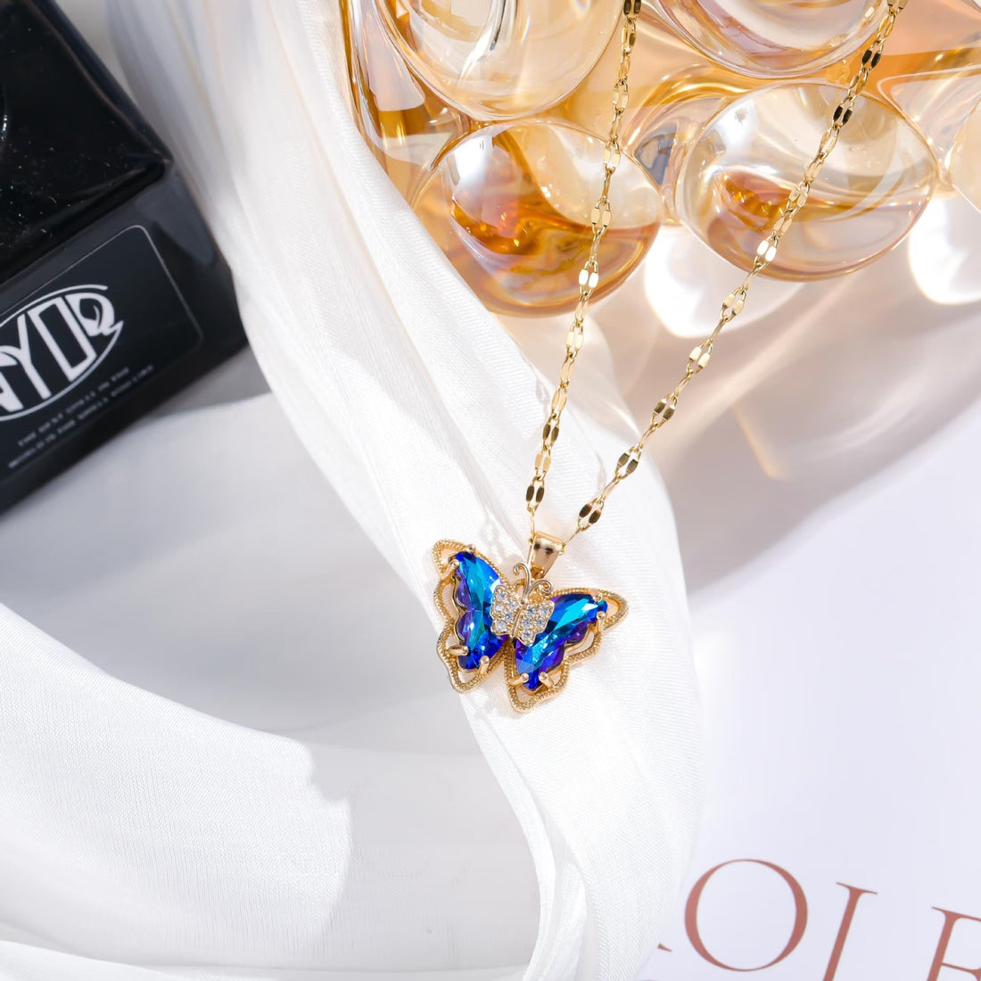 Opal Butterfly Necklace with Rainbow Crystals — Aurora Wings