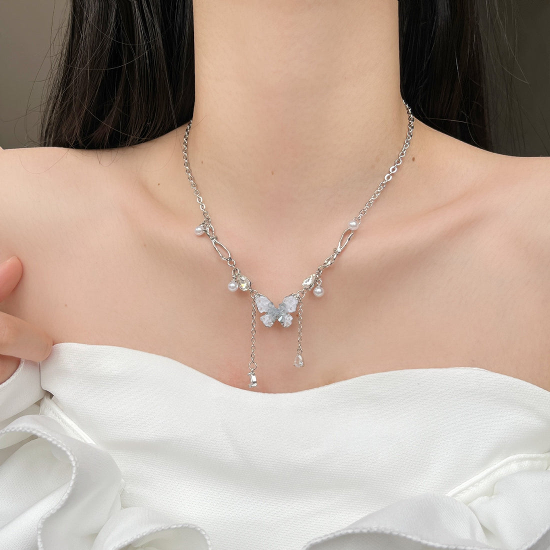 Blue Butterfly Crystal Pearl Tassel Necklace - VitriumJewels