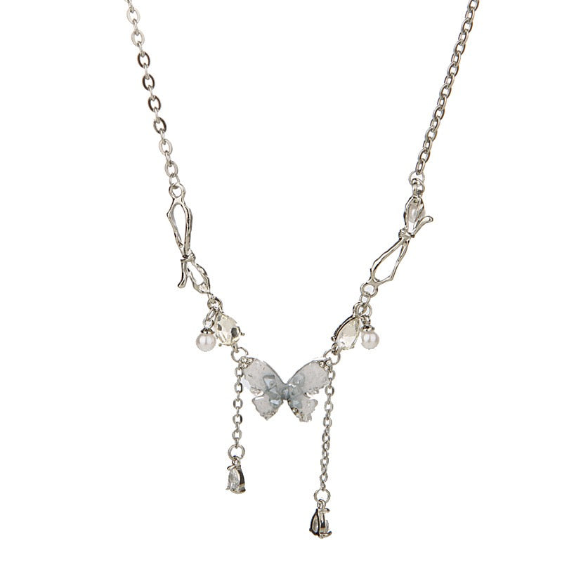 Blue Butterfly Crystal Pearl Tassel Necklace - VitriumJewels
