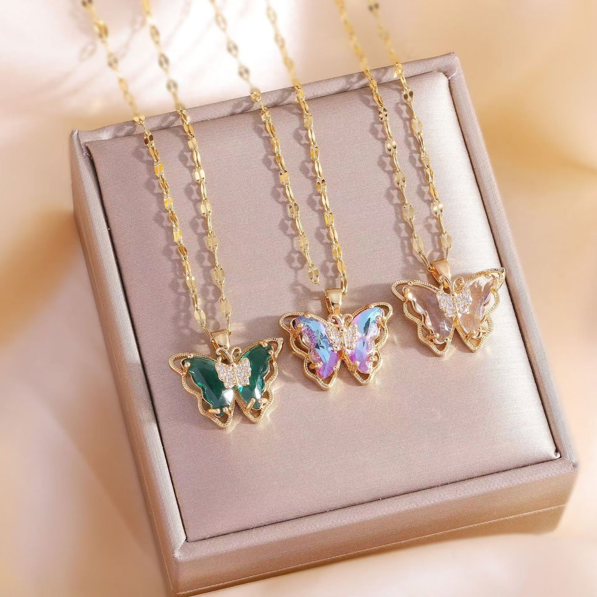 Opal Aurora Butterfly Necklace – Gilded Wings in Bloom