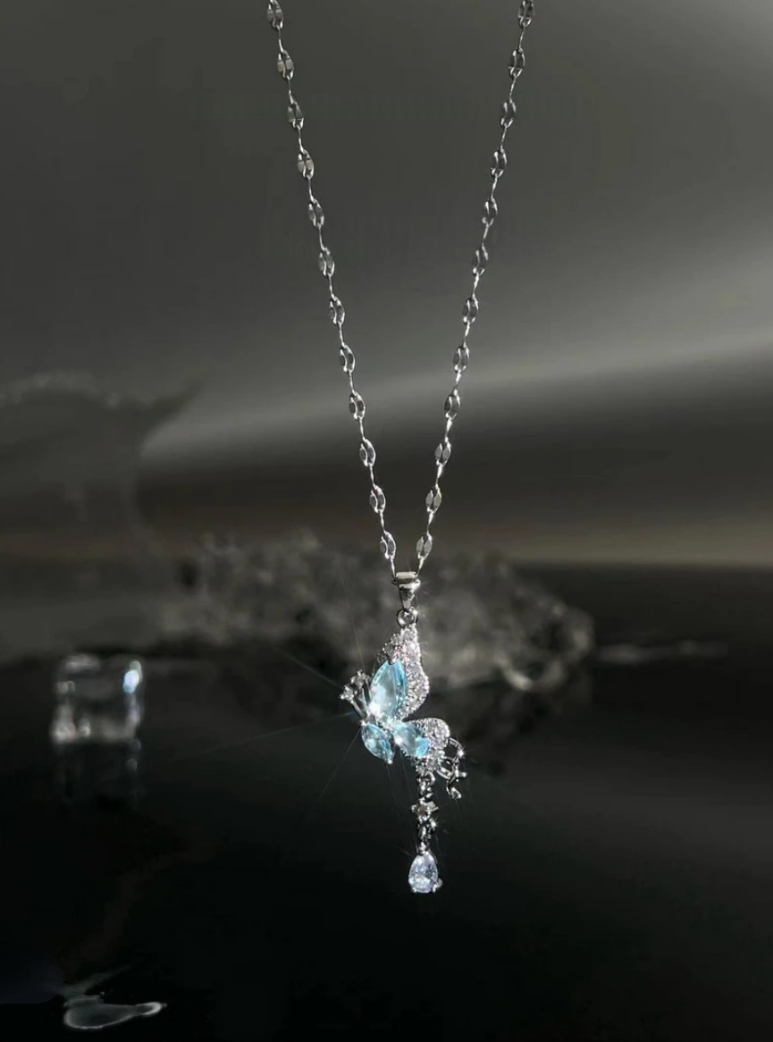 Ice Blue Butterfly Pendant Necklace - VitriumJewels