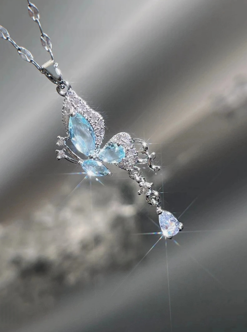Ice Blue Butterfly Pendant Necklace - VitriumJewels