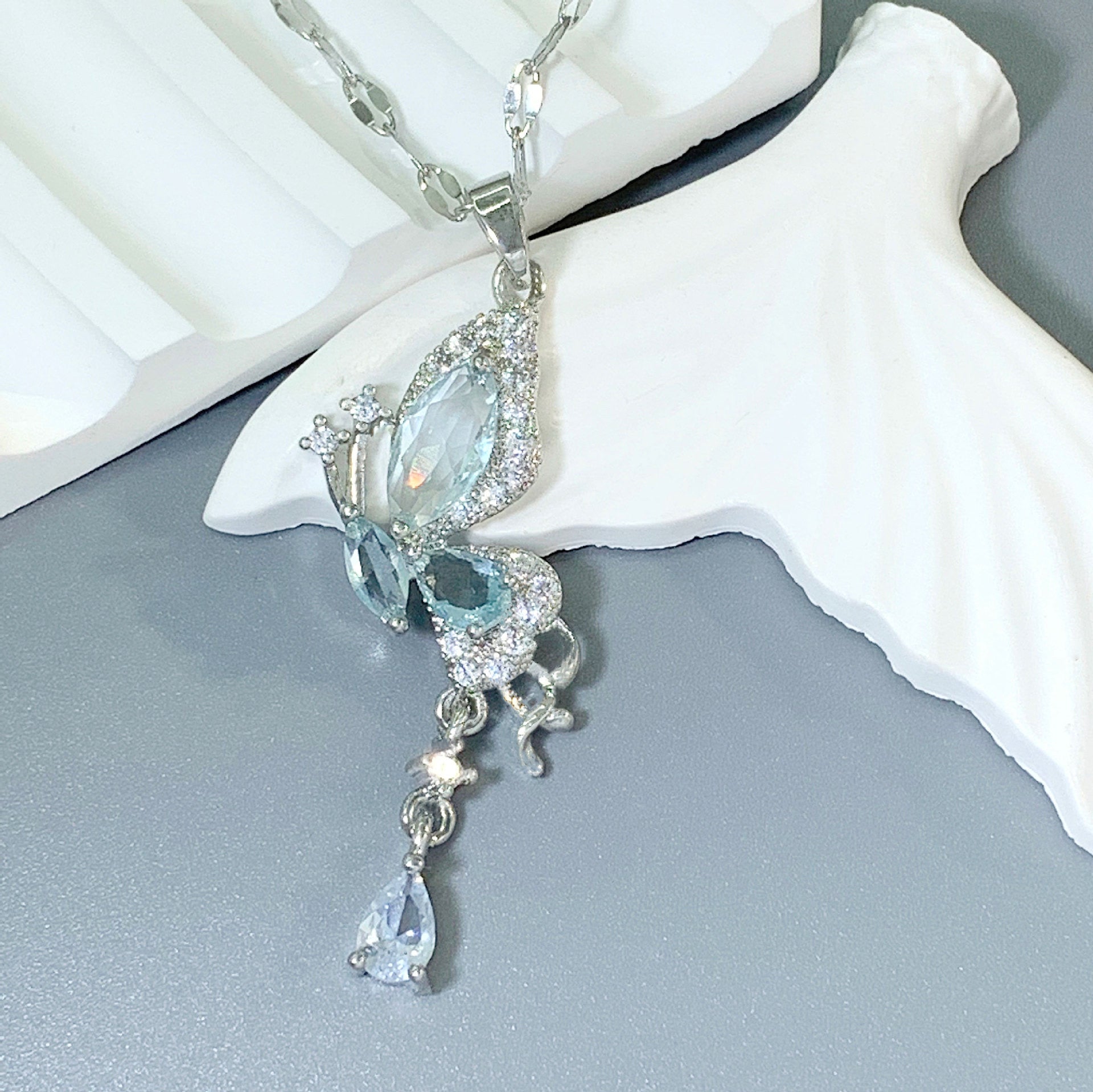Ice Blue Butterfly Pendant Necklace - VitriumJewels